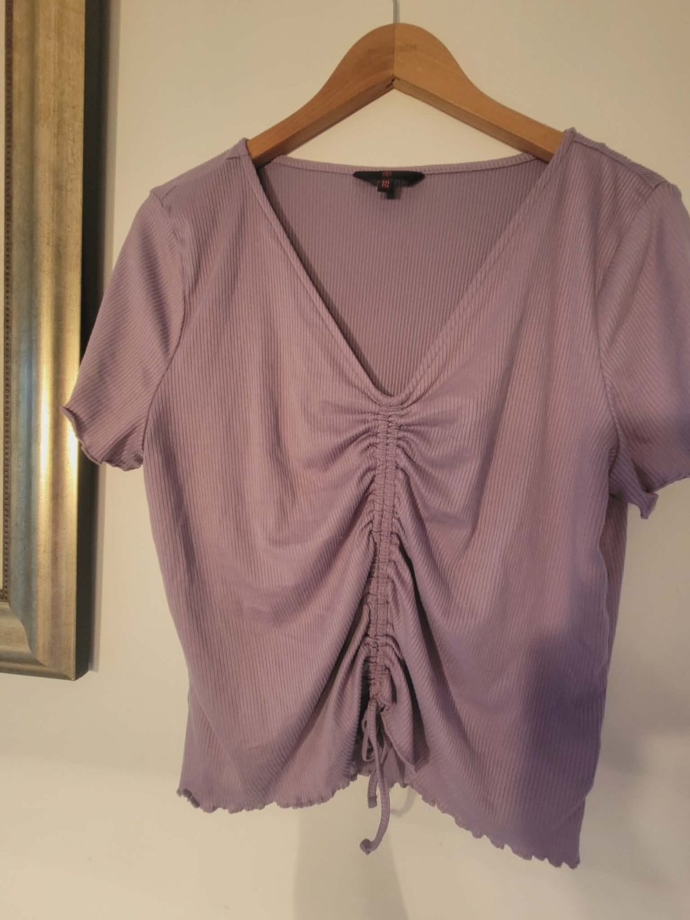NOBO Lavender Ribbed Ruched V-Neck Short Sleeve Top